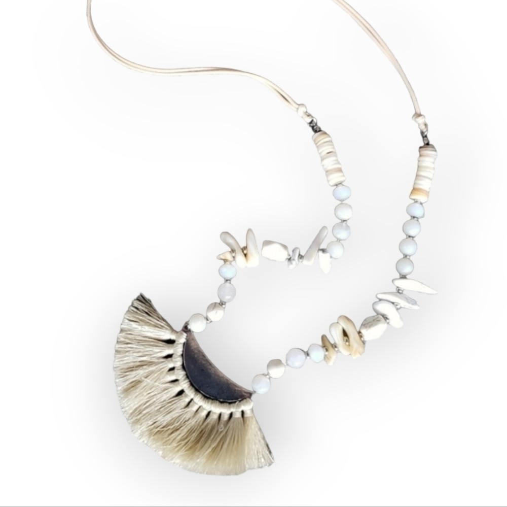 Fan tassel silver and white boho necklace